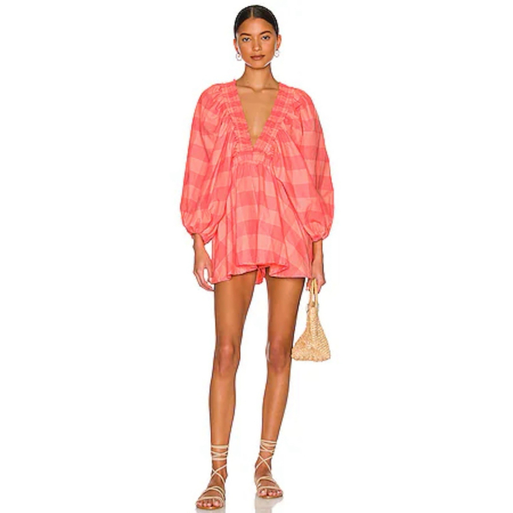 Sundress Revolve Alicia V Neck Puff Sleeve Big Gingham Neon Coral Romper XS/S